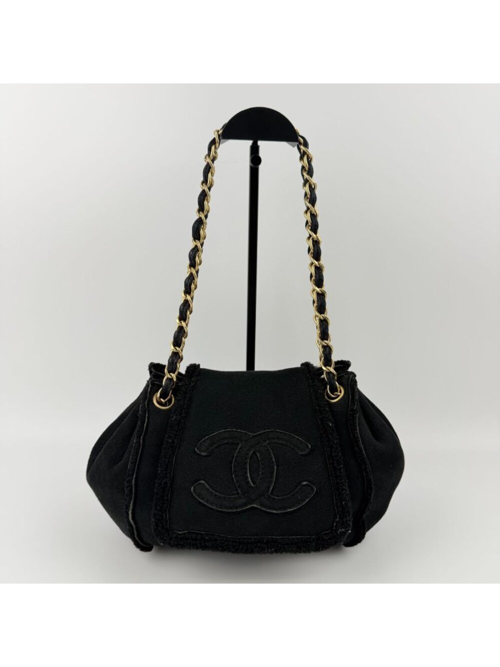 Chanel CC Logo Chain Shoulder Bag Black Shearling Suede Vintage